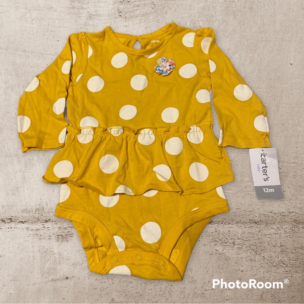 NWT Carter’s Long Sleeve Yellow and White Polka Dot Peplum One Piece 12 Months